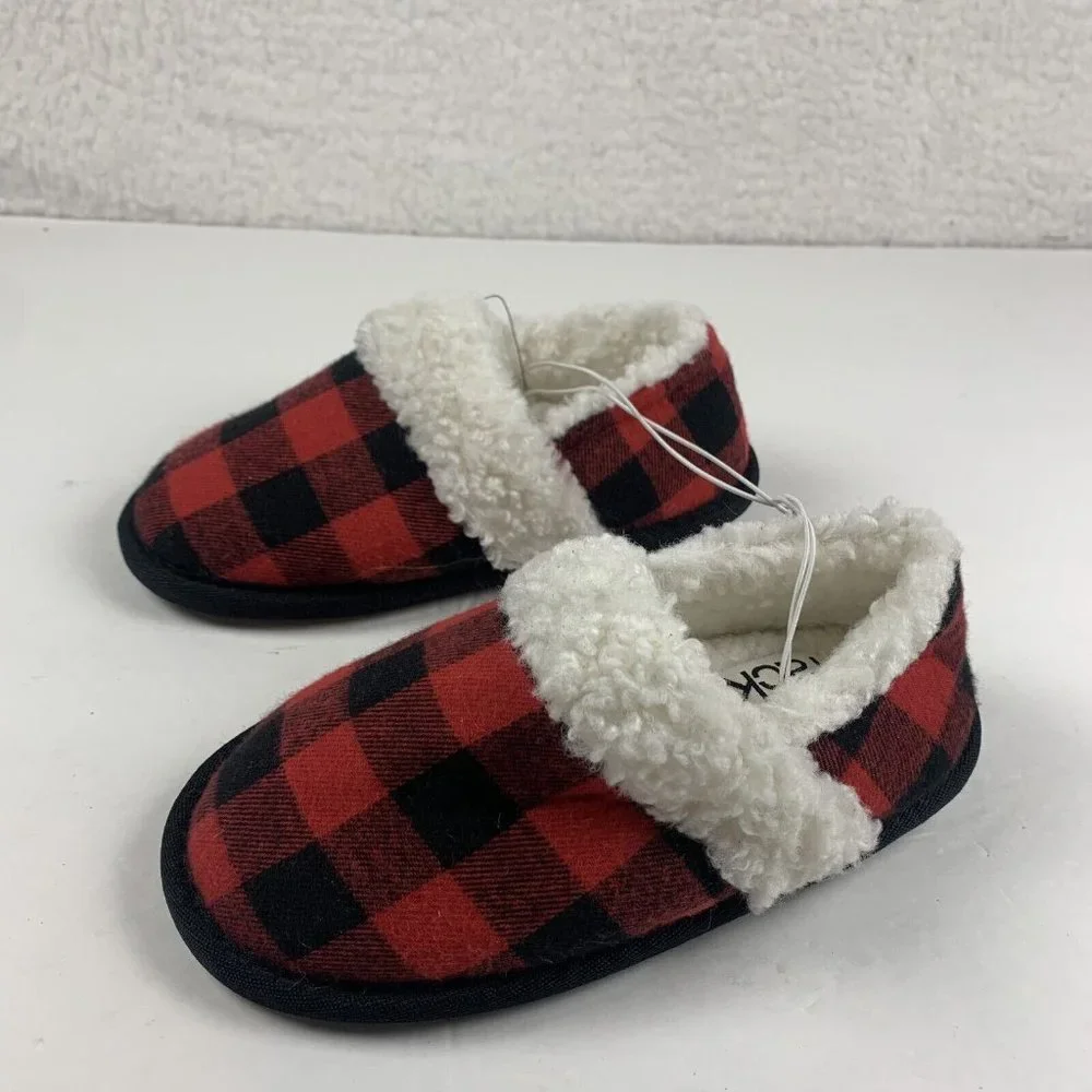 Nordstrom Rack Faux Shearling‎ Slippers Kid's 11/12 Red Bloom Buffalo Plaid 8009